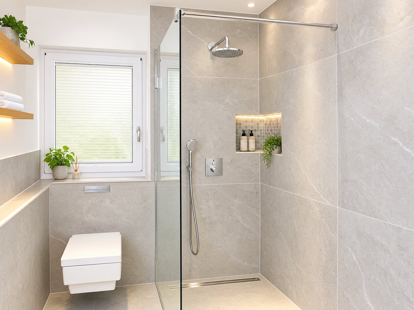Modernes, hell gefliestes Badezimmer