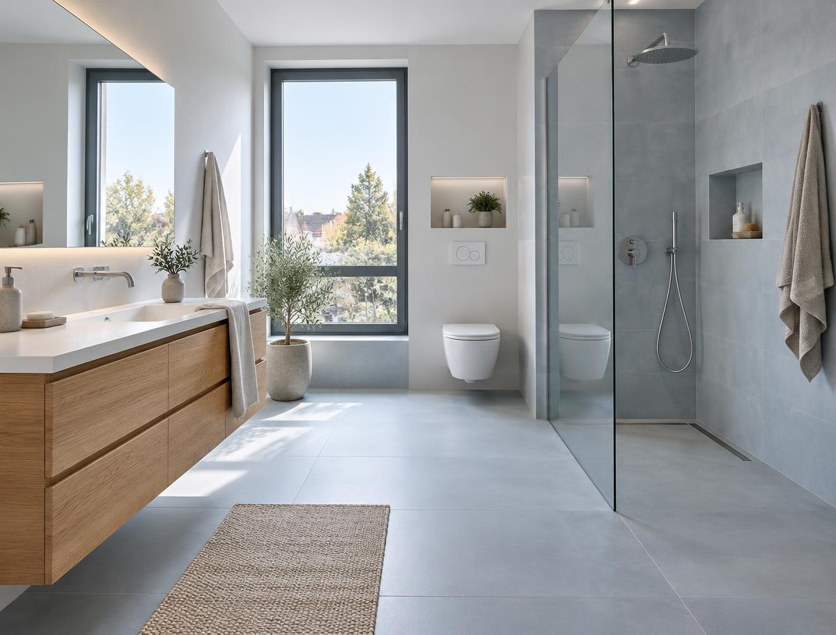 Modernes, hell gefliestes Badezimmer